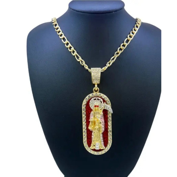 Unbranded Jewelry - Costume Gold & Red Santa Muerte Pendant Necklace New